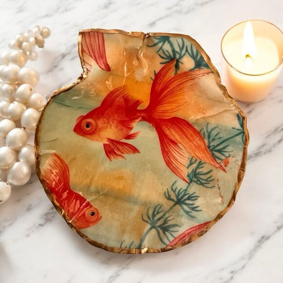Handmade Decoupage Scallop Shell Trinket Dish Koi Gold Fish - Picture 3 of 13